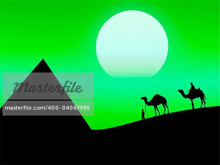 Hot landscape as this desert sunset with camels on the background