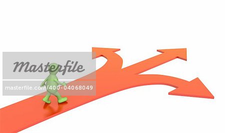 3d person, going to a fork of three roads. Objects over white