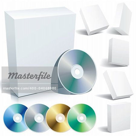 Perfect blank boxes with DVD in a variety of positions.  Set of design elements.