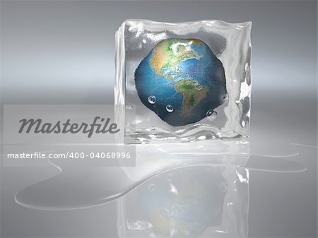 Conceptual Earth globe frozen in an ice cube - 3d render