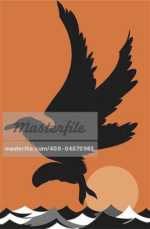 Illustration of a  eagle flying above water with fish