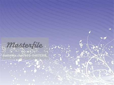 music background with different notes an floral on the purple, banner