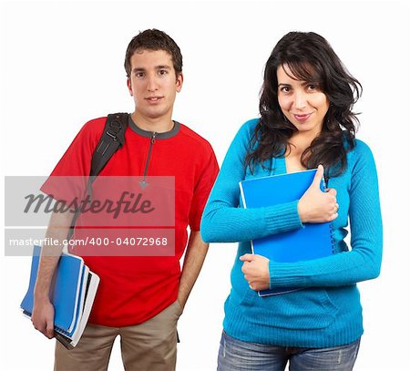 Two students with books and backpacks over a white background. Focus at front