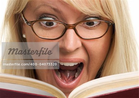 Attractive Woman Taken Back While Reading isolated on a White Background.