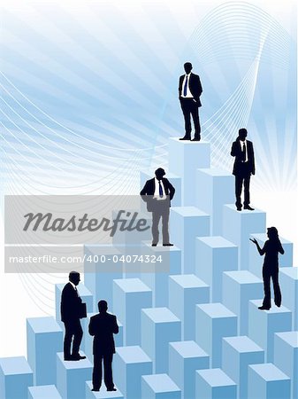 People are standing on a large graph, conceptual business illustration.