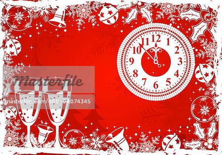 Christmas grunge frame with snowflake, mistletoe, bell, clock, element for design, vector illustration