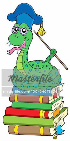 Snake teacher on pile of books - vector illustration.