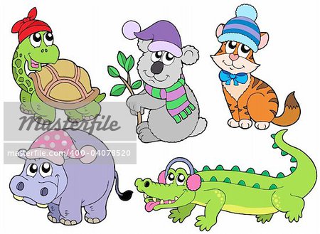 Animals in winter clothes collection 1 - vector illustration.