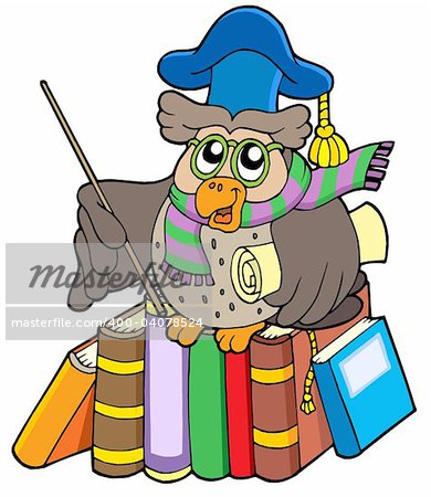 Owl teacher with parchment and books - vector illustration.