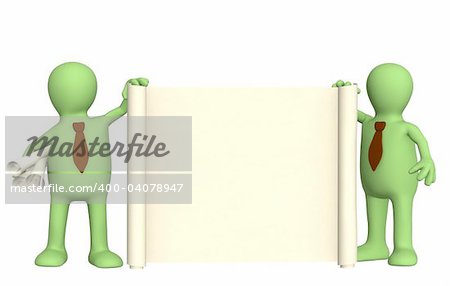 Two 3d puppets with roll of document