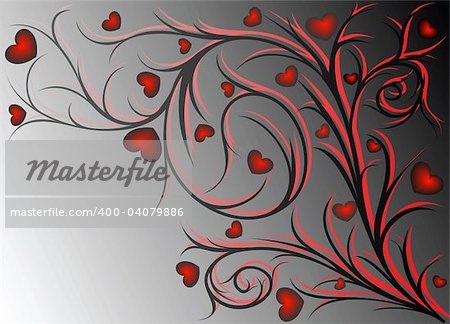 Red and black vegetative pattern with hearts on gradient background