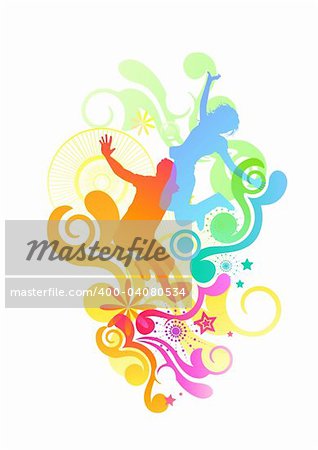Happy people jumping with various design elements. Vector illustration