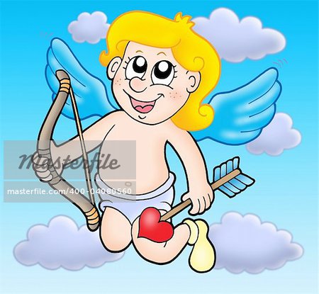 Small flying cupid with bow - color illustration.