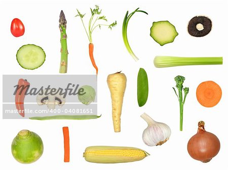 Vegetable selection in abstract design isolated over white background.