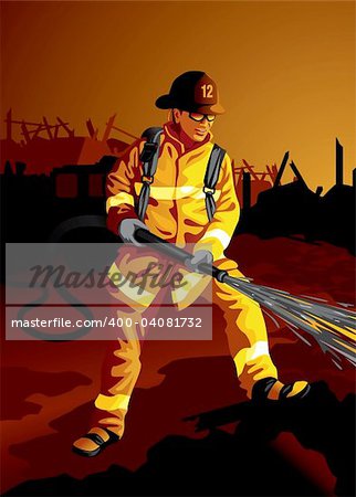 Illustration of a fire fighter at work. This image is scalable to any size without quality loss. Vector eps8.