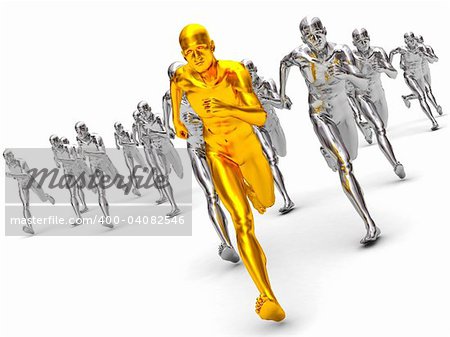 3d illustration of team with leader running over white background