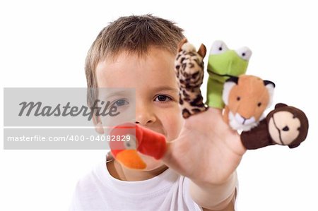 Boy playing with finger puppets - isolated