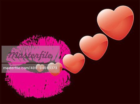Love kisses, hearts flying from lipstick print.