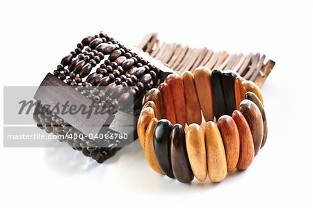 Wooden bracelets isolated on white background