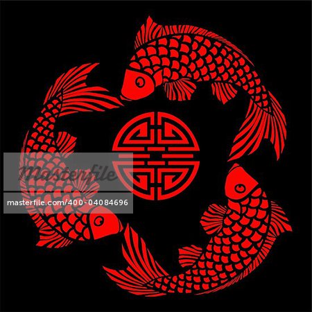 Simple design of fish circling a longevity symbol, inspired by asian lacquerwork. The file can be scaled to any size.