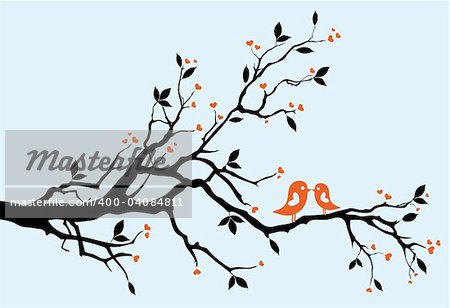 birds kissing on a branch, vector background