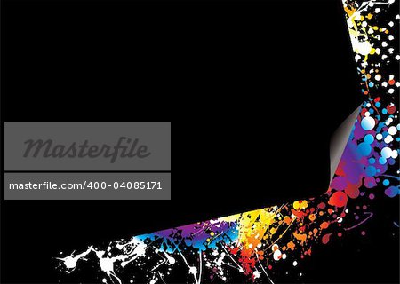 Brightly coloured ink splat background with page curl