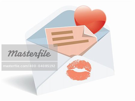 Love mail, envelope, heart and lipstick print.