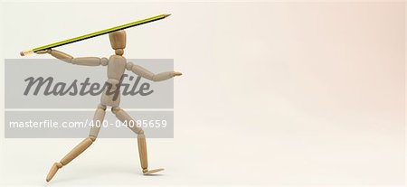 3D image of a wooden mannequin throwing a pencil-made javelin