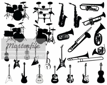 Set of different stringed, wind and percussion instruments