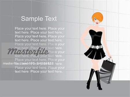 attractive woman in black dress with paper bag, vector illustration