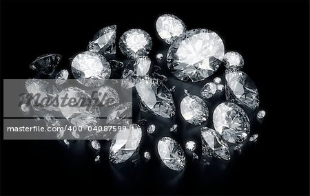 3d rendering diamonds on a black reflective floor