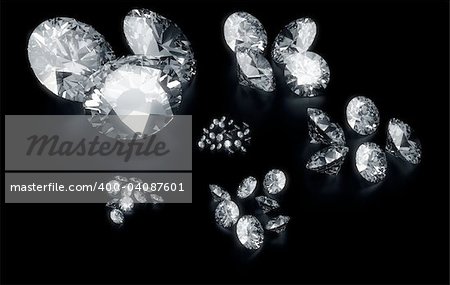 3d rendering of diamonds sorting according to size on a black reflective floor