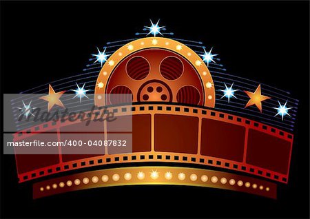 Gold film strip at neon sign with reel and stars