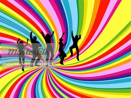 Silhouettes of people dancing on rainbow twirl background