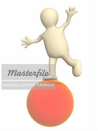 3d puppet, balancing on a red ball. Object over white