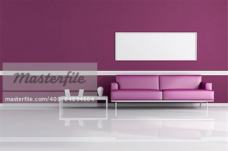 purple living room with modern sofa and blank canvas