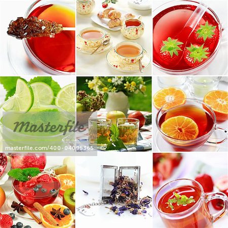 Collage of natural herbal tea with fruits