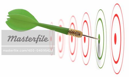 dart hitting the center of a green target, there is other red target, image is isolated on a white background