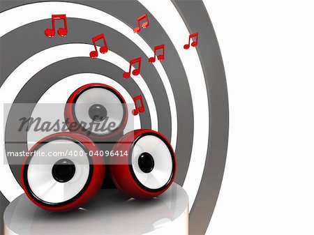 3d illustration of sound system and note signs over white background