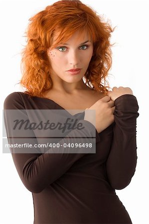 cute woman with red hair and fashion make up with green eyes