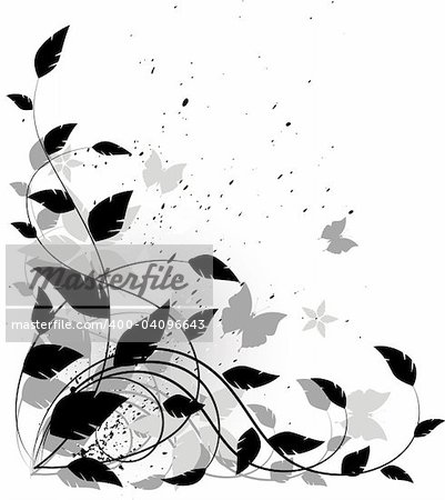 Vector grunge floral background, black and white. Isolated on white, vector