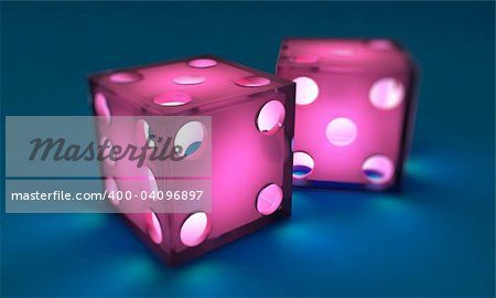 pink dice on blue background, illuminated from within