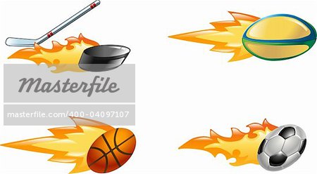 A glossy shiny flaming sport icon set. Rugby ball, ice hockey stick striking puck, basketball ball and soccer or football ball zooming through the air with flames and fire zooming out the back