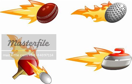 A glossy shiny sport icon set with flames and fire. Golf ball, cricket ball, ping pong bat and ball and curling stone flying fast through the air with flames and fire jetting out the back