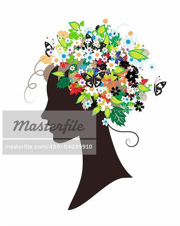 Woman silhouette, floral hairstyle for your design