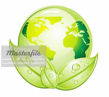 Glossy World with green leaves background