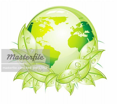 Glossy World with green leaves background