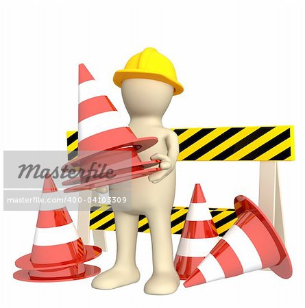 3d puppet with emergency cones. Objects over white