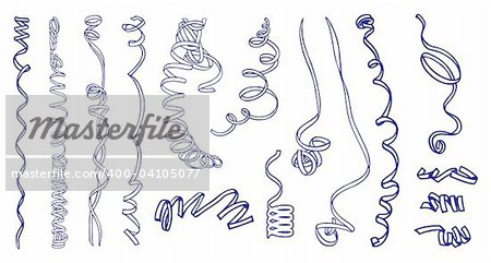 Collection of 15 paper christmas streamers isolated on white background.