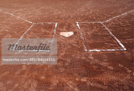 A wide angle shot of empty batter's boxes and home plate.